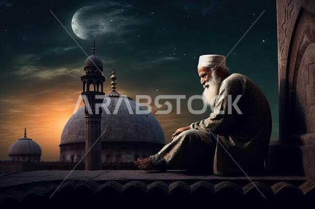 التقرب إلى الله بالأعمال الصالحة،  ليالي شهر رمضان المبارك، رسوم ثلاثية الأبعاد لرجل مسن يجلس قرب المسجد، اسلاميات و عبادة، خلفية اسلامية.