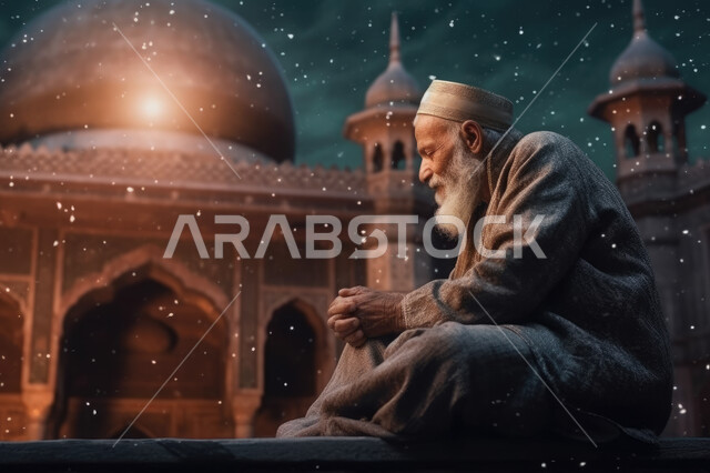 3D graphics of an elderly man sitting near the mosque, drawing closer to God with good deeds. Nights of the holy month of Ramadan, Islamic and worship, mosque background.