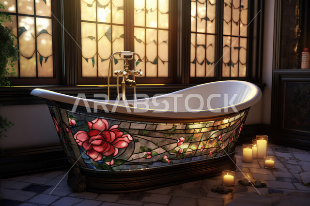 تصميم حوض استحمام في منزل عصري ، تصاميم و   ديكورات داخلية للحمامات في الشقق السكنية السياحية، فنادق فاخرة ، الفن المعماري الهندسي.