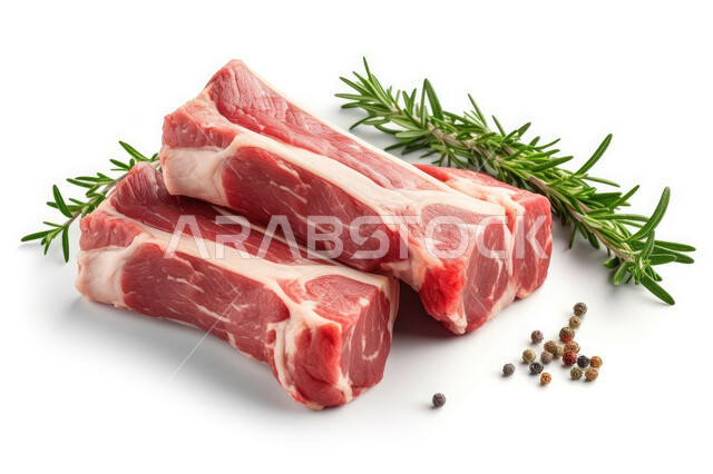 قطعة لحم متبل مع الأعشاب ، لحوم الضأن النيء اللذيذ, اكلات عربية شرقية، وجبات الطعام السريعة في المطاعم العربية, خلفية بيضاء.
