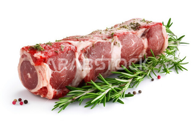 لحوم الضأن النيء اللذيذ, قطعة لحم متبل مع الأعشاب ، اكلات عربية شرقية، وجبات الطعام السريعة في المطاعم العربية, خلفية بيضاء.