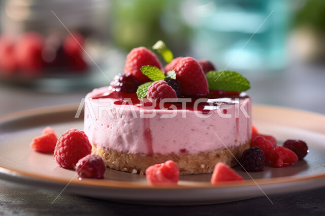 تشيز كيك مع طبقات الكريمه و الجبن و صلصة التوت، قطعه شهية من التشيز كيك مزينة بالتوت البري و الفراولة و النعناع الطازج، حلويات وسكريات ، قطع الحلوى الشهية الشرقية ، تحلية باردة ولذيذة.