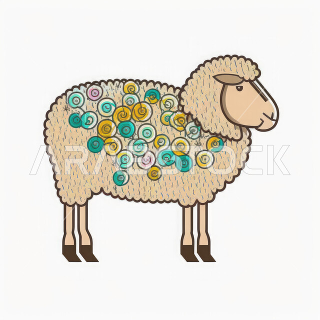 رسم ثلاثي الابعاد لحيوان الخاروف الابيض المزخرف, قربان و أضحية عيد الاضحى المبارك، أعياد إسلاميه دينية، رسوم بيانيه ثري دي لحيوان الغنم الاليف ، خلفية بيضاء.