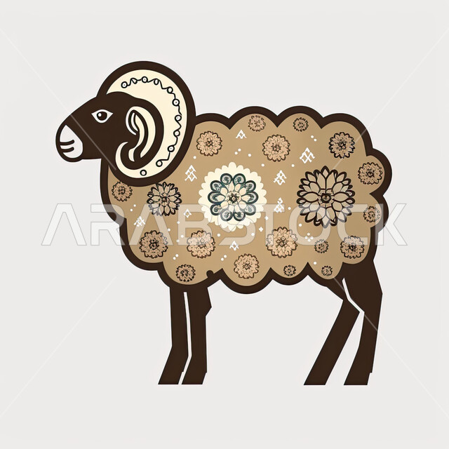رسوم ثري دي لحيوان الغنم الاليف ، أعياد إسلاميه دينية، رسم ثلاثي الابعاد لحيوان الخاروف الابيض المزخرف, قربان و أضحية عيد الاضحى المبارك، خلفية بيضاء.