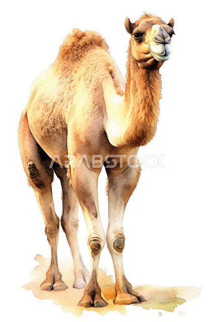 رسوم ثلاثية الأبعاد لحيوان الإبل، ذبح القربان في الأعياد الدينية الإسلامية ، صورة لحيوان الجمل ، أضحية وقربان عيد الأضحى المبارك ، سفينة الصحراء, خلفية بيضاء.