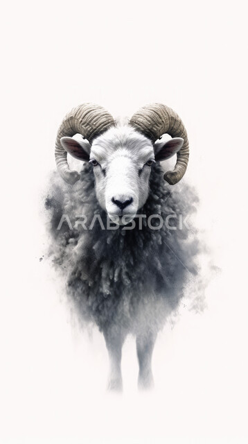 رسم ثلاثي الأبعاد لخاروف رمادي , غنم عيد الأضحى المبارك, كبش أليف, أضاحي و قربان الأعياد الاسلامية, أعياد و مناسبات, خلفية بيضاء.