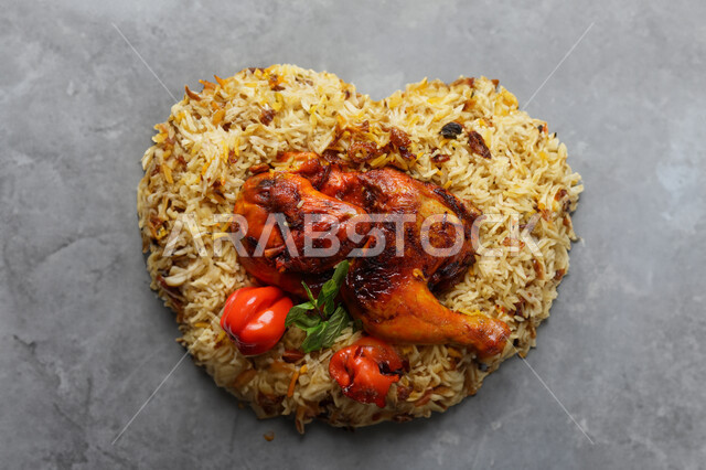 أرز الكبسة مع الدجاج على شكل قلب ، مأكولات شعبية شهية لذيذة سعودية ، وصفات  المطبخ السعودي , وجبات عربية خليجية تقليدية