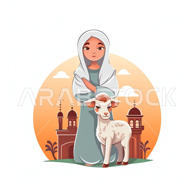أضاحي و قربان عيد الأضحى المبارك،  رسوم كرتونية ثلاثية الأبعاد لفتاة محجبة مع غنمة بيضاء لطيفة, أفلام كرتون أطفال، أعياد ومناسبات اسلامية، خلفية مسجد إسلامي.