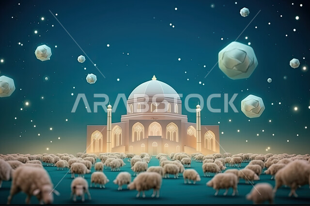 خرفان و أضاحي الأعياد و المناسبات الاسلامية, رسوم ثلاثية الأبعاد لخواريف  بيضاء , قربان عيد الأضحى المبارك, خفية مسجد.