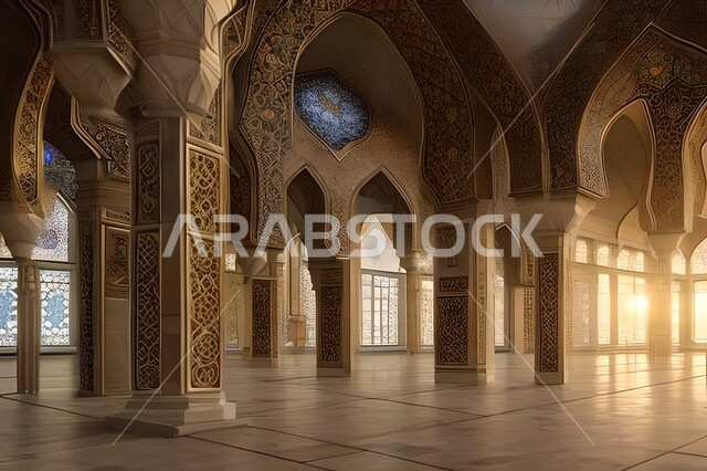  تصميم ثلاثي الأبعاد لمسجد اسلامي من الداخل، العبادة والتقرب الى الله, خلفيات مساجد اسلامية في وضع النهار،العبادة وأداء الصلاة في المسجد، خلفيات وديكورات رمضانية، الفن الهندسي والمعماري الداخلي للمساجد التاريخية القديمة