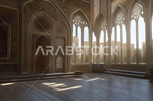  تصميم ثلاثي الأبعاد لمسجد اسلامي من الداخل، العبادة والتقرب الى الله, خلفيات مساجد اسلامية في وضع النهار،العبادة وأداء الصلاة في المسجد، خلفيات وديكورات رمضانية، الفن الهندسي والمعماري الداخلي للمساجد التاريخية القديمة