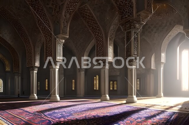  تصميم ثلاثي الأبعاد لمسجد اسلامي من الداخل، العبادة والتقرب الى الله, خلفيات مساجد اسلامية في وضع النهار،العبادة وأداء الصلاة في المسجد، خلفيات وديكورات رمضانية، الفن الهندسي والمعماري الداخلي للمساجد التاريخية القديمة