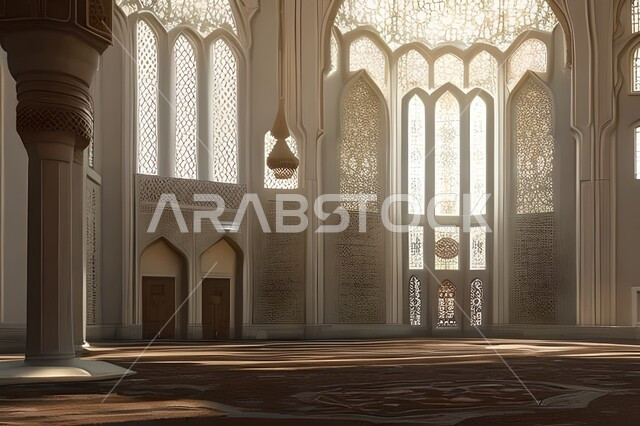  تصميم ثلاثي الأبعاد لمسجد اسلامي من الداخل، العبادة والتقرب الى الله, خلفيات مساجد اسلامية في وضع النهار،العبادة وأداء الصلاة في المسجد، خلفيات وديكورات رمضانية، الفن الهندسي والمعماري الداخلي للمساجد التاريخية القديمة