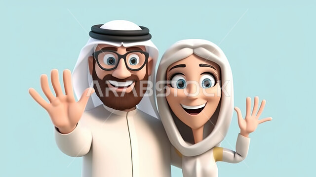 رسوم ثلاثية الأبعاد لزوجين بإيماءات وجه ويدين تدل على السعادة و الفرح، إمرأة عربية خليجية سعودية محجبة، رجل عربي خليجي سعودي يرتدي نظارات طبية و الثوب السعودي التقليدي ، مفهوم العائلة السعيدة، خلفية زرقاء.