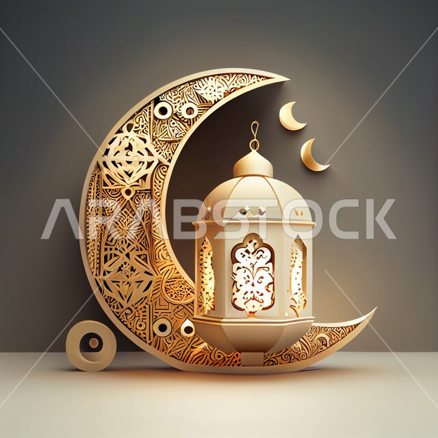 The backgrounds of the holy month of Ramadan, a traditional metal Arab lantern, three-dimensional Ramadan artifacts, the celebration of the advent of the month of Ramadan, Islamic decorations and lights, a distinctive Ramadan atmosphere, the crescent of E