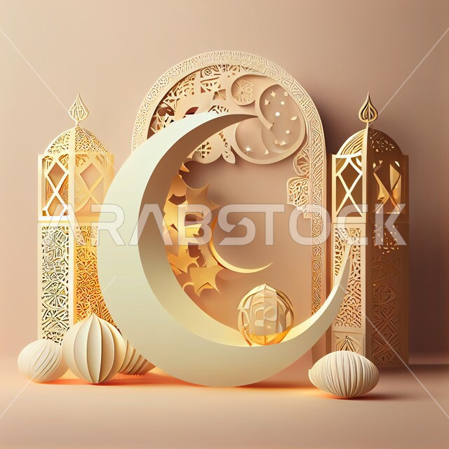 خلفيات شهر رمضان المبارك ، فانوس عربي تقليدي معدني ، تحف رمضانية ثلاثية الأبعاد ، الإحتفال بقدوم شهر رمضان، ديكورات وأنوار اسلامية، أجواء رمضانية مميزة, هلال عيد الفطر السعيد