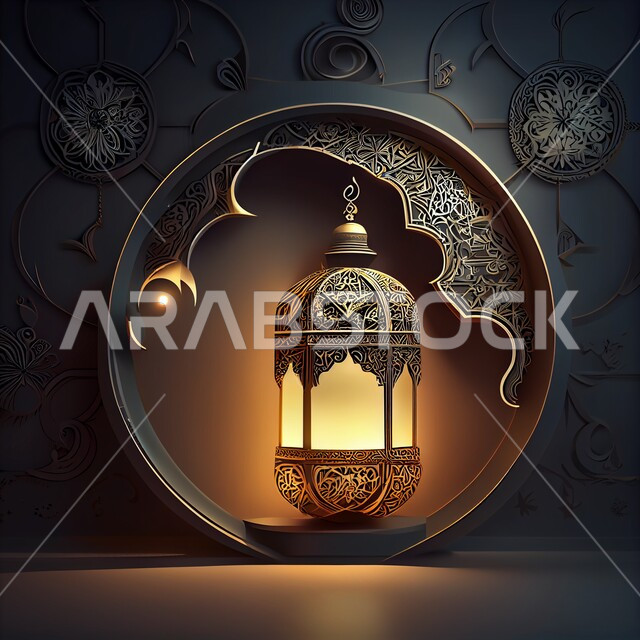 The backgrounds of the holy month of Ramadan, a traditional metal Arab lantern, three-dimensional Ramadan artifacts, the celebration of the advent of the month of Ramadan, Islamic decorations and lights, a distinctive Ramadan atmosphere, the crescent of E