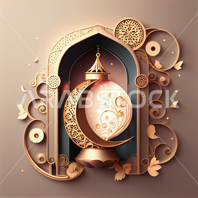 خلفيات شهر رمضان المبارك ، فانوس عربي تقليدي معدني ، تحف رمضانية ثلاثية الأبعاد ، الإحتفال بقدوم شهر رمضان، ديكورات وأنوار اسلامية، أجواء رمضانية مميزة, هلال عيد الفطر السعيد