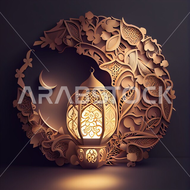 The backgrounds of the holy month of Ramadan, a traditional metal Arab lantern, three-dimensional Ramadan artifacts, the celebration of the advent of the month of Ramadan, Islamic decorations and lights, a distinctive Ramadan atmosphere, the crescent of E