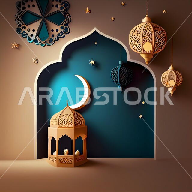 خلفيات شهر رمضان المبارك ، فانوس عربي تقليدي معدني ، تحف رمضانية ثلاثية الأبعاد ، الإحتفال بقدوم شهر رمضان، ديكورات وأنوار اسلامية، أجواء رمضانية مميزة, هلال عيد الفطر السعيد