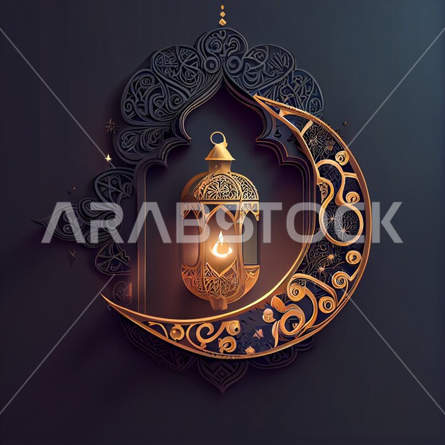 A traditional metal Arab lantern, lighting and decorations for the holy month of Ramadan, three-dimensional Ramadan artifacts, the celebration of the advent of the month of Ramadan, Islamic decorations and lights, a distinctive Ramadan atmosphere, the cre