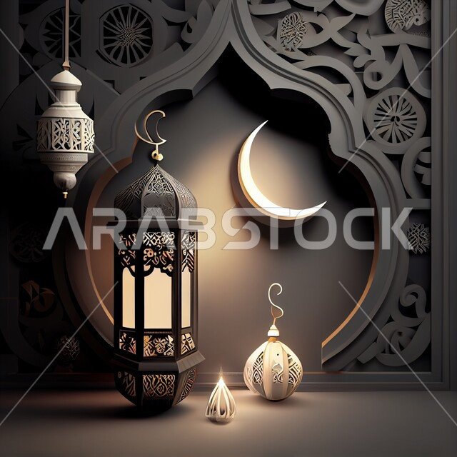 A traditional metal Arab lantern, lighting and decorations for the holy month of Ramadan, three-dimensional Ramadan artifacts, the celebration of the advent of the month of Ramadan, Islamic decorations and lights, a distinctive Ramadan atmosphere, the cre