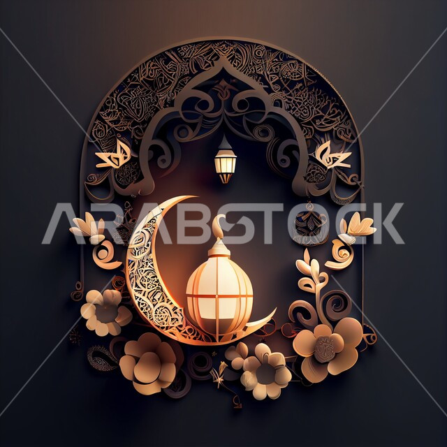 فانوس عربي تقليدي معدني ، إضاءة وزينة شهر رمضان المبارك ، تحف رمضانية ثلاثية الأبعاد ، الإحتفال بقدوم شهر رمضان، ديكورات وأنوار اسلامية، أجواء رمضانية مميزة, هلال عيد الفطر السعيد