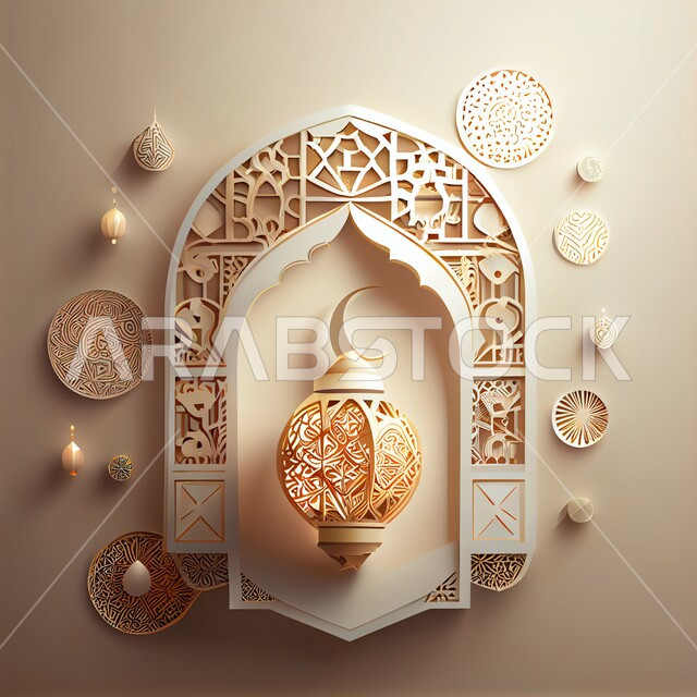 A traditional metal Arab lantern, lighting and decorations for the holy month of Ramadan, three-dimensional Ramadan artifacts, the celebration of the advent of the month of Ramadan, Islamic decorations and lights, a distinctive Ramadan atmosphere, the cre