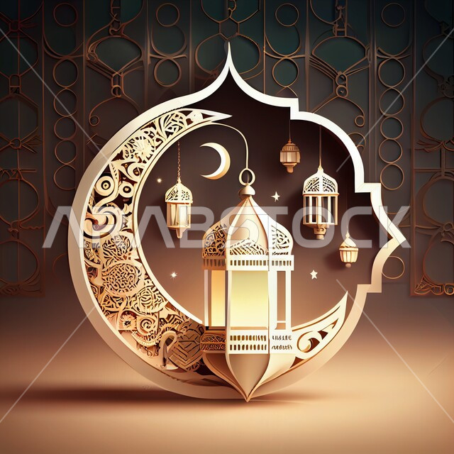 فانوس عربي تقليدي معدني ، إضاءة وزينة شهر رمضان المبارك ، تحف رمضانية ثلاثية الأبعاد ، الإحتفال بقدوم شهر رمضان، ديكورات وأنوار اسلامية، أجواء رمضانية مميزة, هلال عيد الفطر السعيد