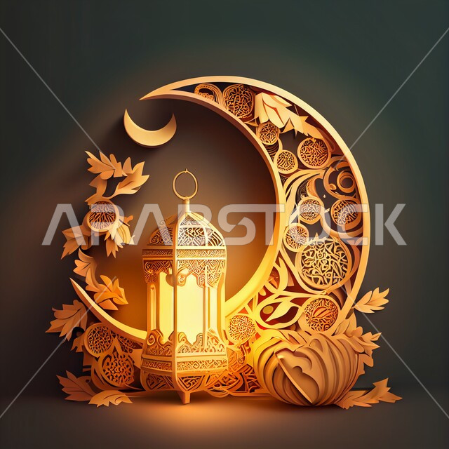 فانوس عربي تقليدي معدني ، إضاءة وزينة شهر رمضان المبارك ، تحف رمضانية ثلاثية الأبعاد ، الإحتفال بقدوم شهر رمضان، ديكورات وأنوار اسلامية، أجواء رمضانية مميزة, هلال عيد الفطر السعيد