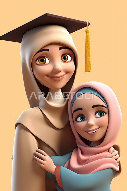 رسم ثلاثي الأبعاد لأم عربية خليجية سعودية محجبة ترتدي قبعة التخرج و تحتفل مع ابنتها بإنهاء المرحلة الدراسية, ايماءات وجه تدل على السعادة و السرور, جامعات و تعليم المملكة العربية السعودية, خلفية برتقالية.
