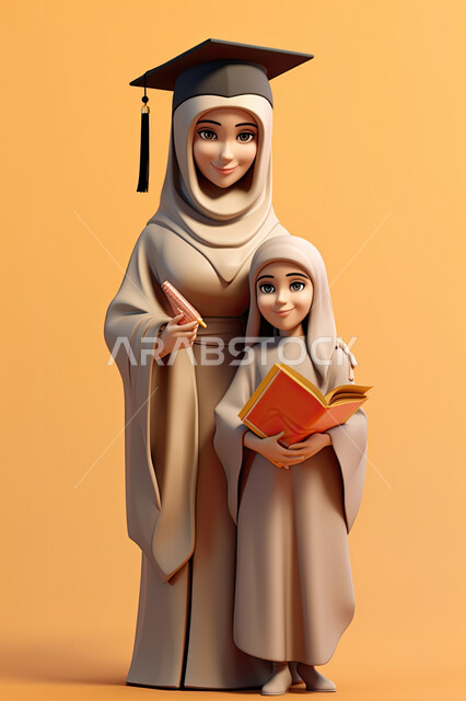 A three-dimensional drawing of a veiled Saudi Arab Gulf woman wearing a graduation hat, a veiled girl holding a book in her hand, facial gestures indicating happiness and pleasure for success in the academic stage, universities and education in the Kingdo