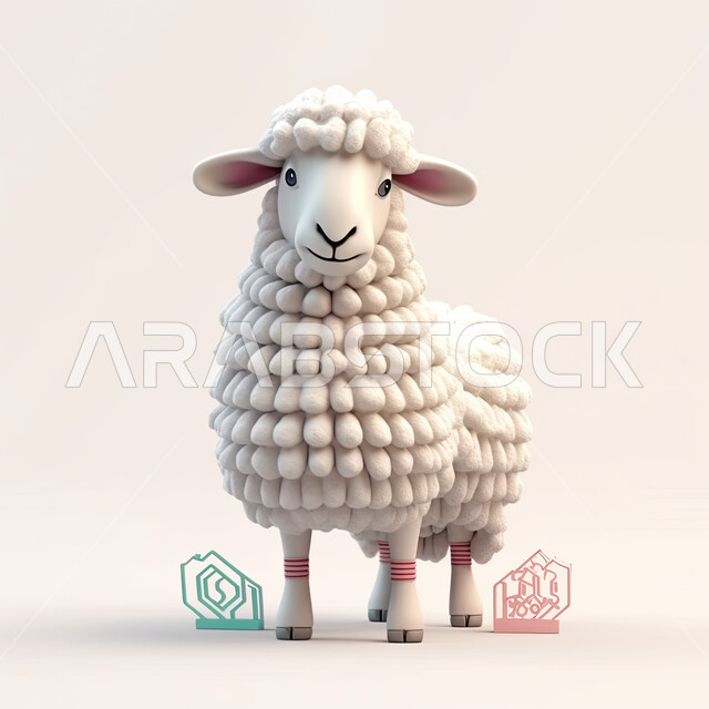 أعياد إسلاميه دينية, قربان و أضحية عيد الأضحى المبارك، مجسم ثلاثي الأبعاد لحيوان الخاروف الأبيض المزخرف ، رسوم بيانية ثري دي لحيوان الغنم الثدي الاليف ، خلفية بيضاء