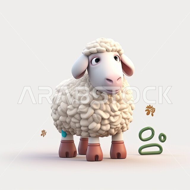 أعياد إسلاميه دينية, قربان و أضحية عيد الأضحى المبارك، مجسم ثلاثي الأبعاد لحيوان الخاروف الأبيض المزخرف ، رسوم بيانية ثري دي لحيوان الغنم الثدي الاليف ، خلفية بيضاء