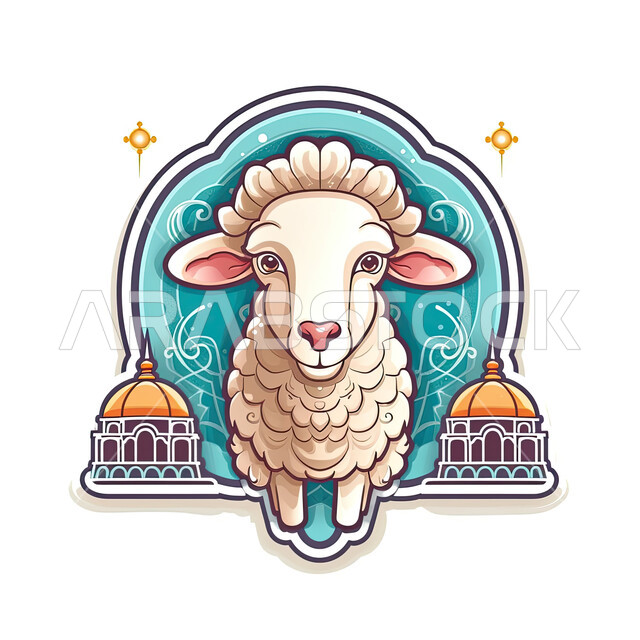 قربان وأضحية عيد الأضحى المبارك، أعياد إسلاميه دينية,  مجسم ثلاثي الأبعاد لحيوان الخاروف الأبيض، رسوم بيانية ثري دي لحيوان الغنم الثدي الاليف ، خلفية بيضاء