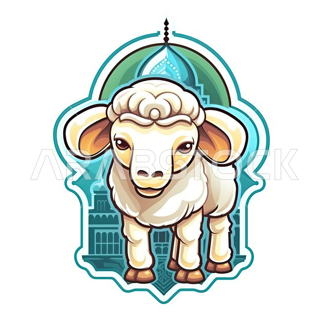 قربان وأضحية عيد الأضحى المبارك، أعياد إسلاميه دينية,  مجسم ثلاثي الأبعاد لحيوان الخاروف الأبيض، رسوم بيانية ثري دي لحيوان الغنم الثدي الاليف ، خلفية بيضاء