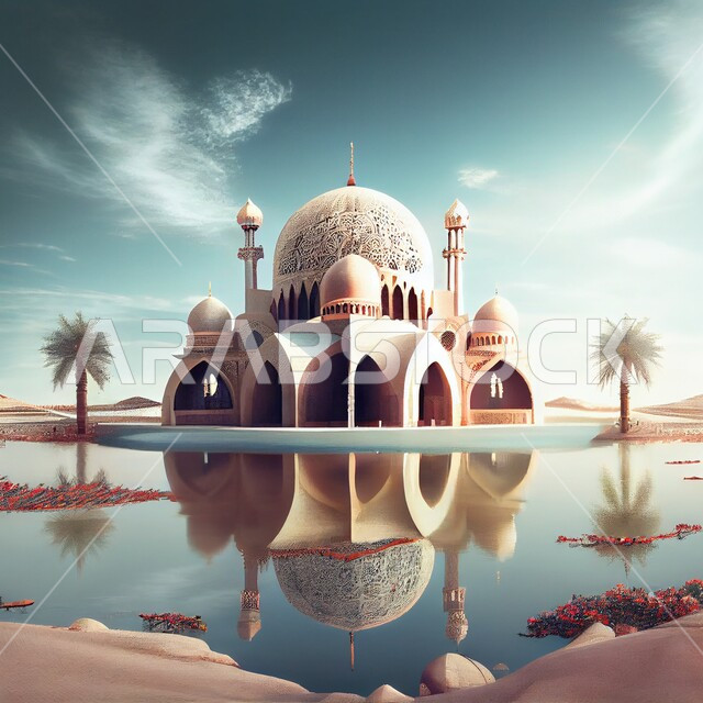 أداء العبادات و التقرب الى الله, تصميم ثلاثي الأبعاد لمسجد، الهندسة المعمارية الاسلامية، خلفيات لمساجد اسلامية مميزة, بحيرات وطبيعة خضراء, خلفيات وأجواء رمضانية