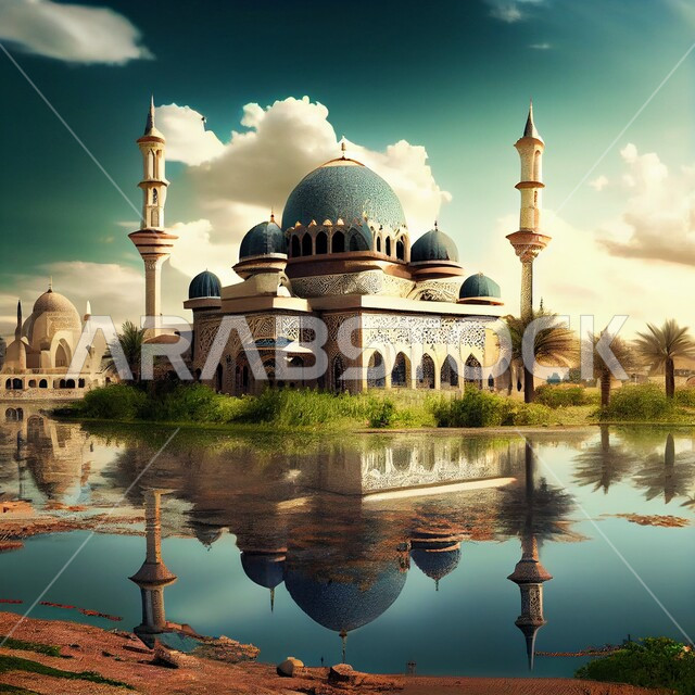 أداء العبادات و التقرب الى الله, تصميم ثلاثي الأبعاد لمسجد، الهندسة المعمارية الاسلامية، خلفيات لمساجد اسلامية مميزة, بحيرات وطبيعة خضراء, خلفيات وأجواء رمضانية