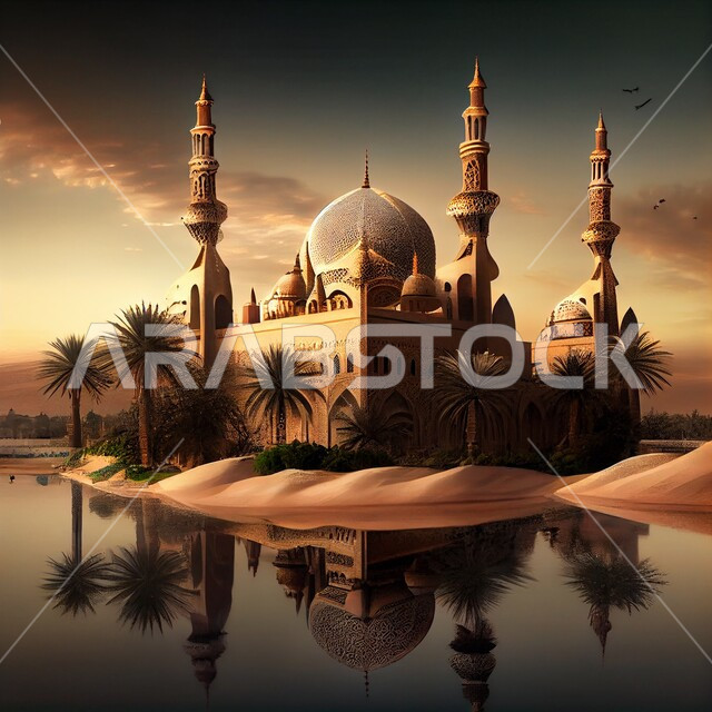 أداء العبادات و التقرب الى الله, تصميم ثلاثي الأبعاد لمسجد، الهندسة المعمارية الاسلامية، خلفيات لمساجد اسلامية مميزة, بحيرات وطبيعة خضراء, خلفيات وأجواء رمضانية