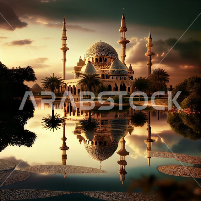 أداء العبادات و التقرب الى الله, تصميم ثلاثي الأبعاد لمسجد، الهندسة المعمارية الاسلامية، خلفيات لمساجد اسلامية مميزة, بحيرات وطبيعة خضراء, خلفيات وأجواء رمضانية