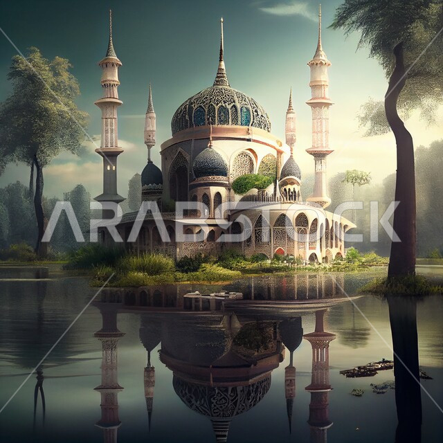أداء العبادات و التقرب الى الله, تصميم ثلاثي الأبعاد لمسجد، الهندسة المعمارية الاسلامية، خلفيات لمساجد اسلامية مميزة, بحيرات وطبيعة خضراء, خلفيات وأجواء رمضانية
