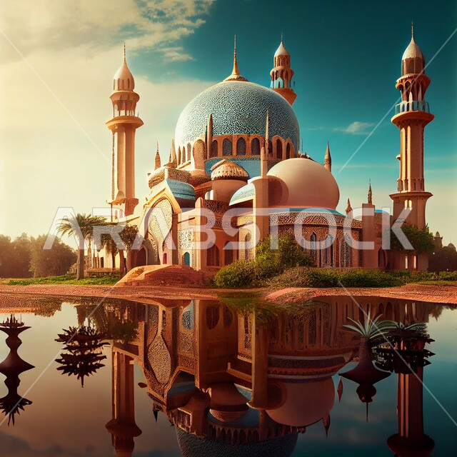 أداء العبادات و التقرب الى الله, تصميم ثلاثي الأبعاد لمسجد، الهندسة المعمارية الاسلامية، خلفيات لمساجد اسلامية مميزة, بحيرات وطبيعة خضراء, خلفيات وأجواء رمضانية