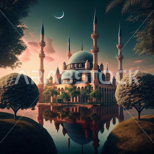 خلفيات لمساجد إسلامية في وضع الليل, تصميم ثلاثي الأبعاد لمسجد, الهندسة المعمارية الإسلامية, أداء العبادات والتقرب الى الله, بحيرات و طبيعة خضراء, خلفيات وأجواء رمضانية