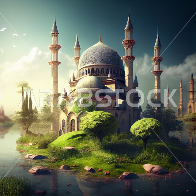 أداء العبادات و التقرب الى الله, تصميم ثلاثي الأبعاد لمسجد، الهندسة المعمارية الاسلامية، خلفيات لمساجد اسلامية مميزة, بحيرات وطبيعة خضراء, خلفيات وأجواء رمضانية