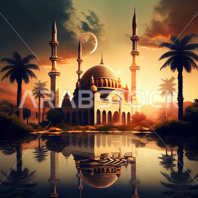 خلفيات لمساجد إسلامية في وضع الليل, تصميم ثلاثي الأبعاد لمسجد, الهندسة المعمارية الإسلامية, أداء العبادات والتقرب الى الله, بحيرات و طبيعة خضراء, خلفيات وأجواء رمضانية