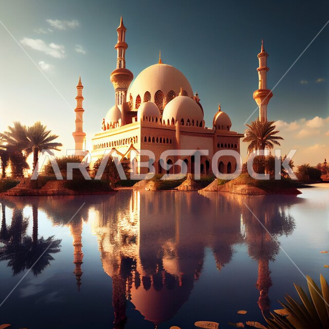 أداء العبادات و التقرب الى الله, تصميم ثلاثي الأبعاد لمسجد، الهندسة المعمارية الاسلامية، خلفيات لمساجد اسلامية مميزة, بحيرات وطبيعة خضراء, خلفيات وأجواء رمضانية