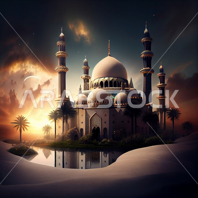 تصميم ثلاثي الأبعاد لمسجد، الكثبان و التلال الرملية، الهندسة المعمارية الاسلامية, خلفيات اسلامية مميزة, خلفيات وأجواء رمضانية, أداء العبادات والتقرب الى الله