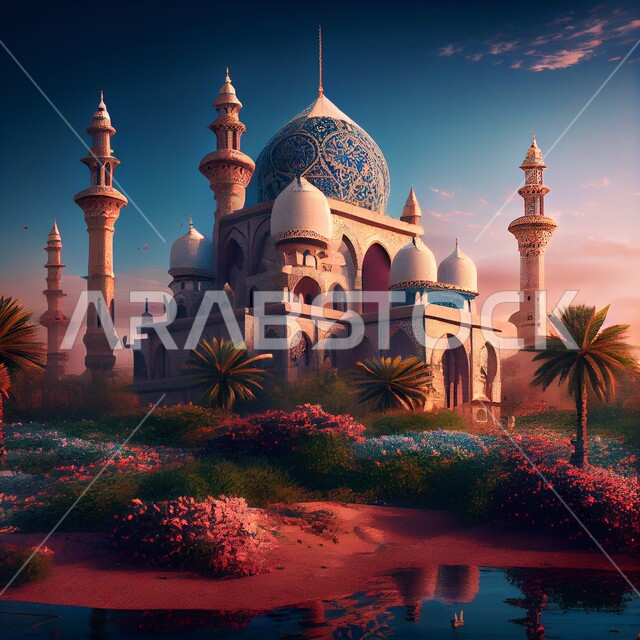 3D design of a mosque, dunes and sand hills, Islamic architecture, distinctive Islamic backgrounds, Ramadan backgrounds and atmosphere, performing acts of worship and drawing closer to God