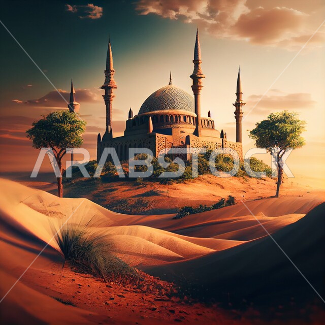 تصميم ثلاثي الأبعاد لمسجد، الكثبان و التلال الرملية، الهندسة المعمارية الاسلامية, خلفيات اسلامية مميزة, خلفيات وأجواء رمضانية, أداء العبادات والتقرب الى الله