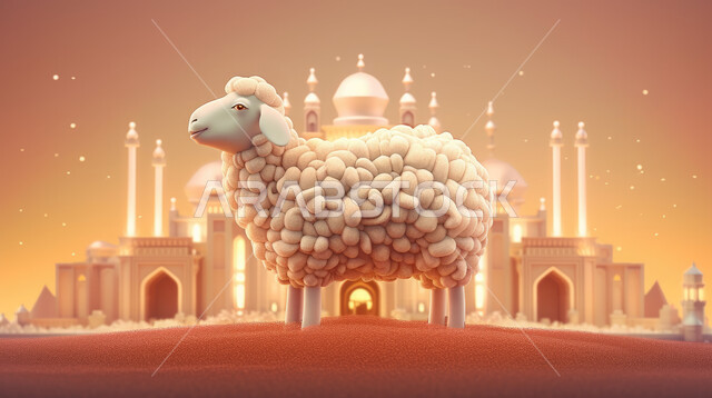 رسم ثلاثي الأبعاد لخاروف أبيض لطيف, غنم عيد الأضحى المبارك, كبش  كبير وأليف, أضاحي و قربان الأعياد الاسلامية, أعياد و مناسبات, خلفية اسلامية.